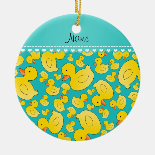 Custom name turquoise rubberducks heart stripe ceramic tree decoration (Front)