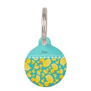 Custom name turquoise rubberducks heart stripe pet tag