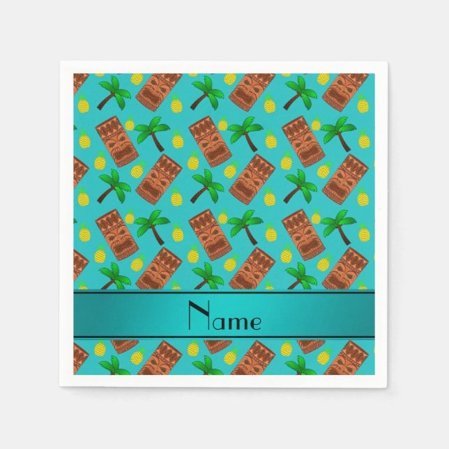 Custom name turquoise tiki pineapples palm trees napkin (Front)