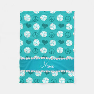 Custom name turquoise volleyballs peace hearts fleece blanket