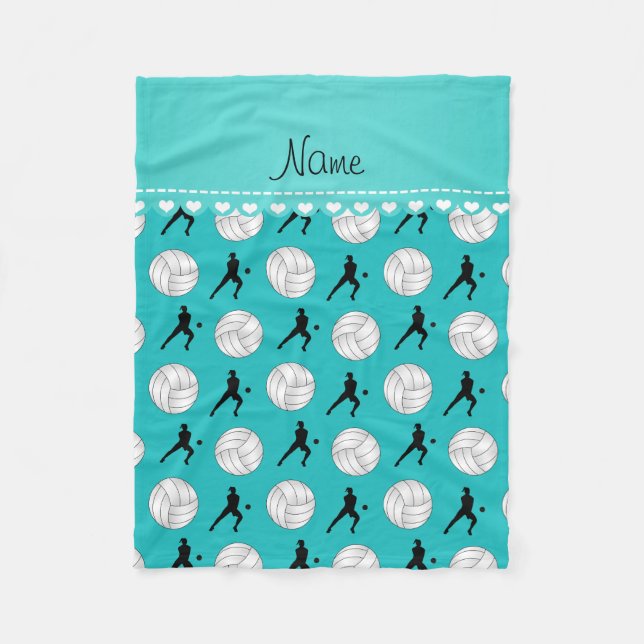 Custom name turquoise volleyballs silhouettes fleece blanket (Front)