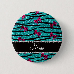 Custom name turquoise zebra stripes pink bows 6 cm round badge