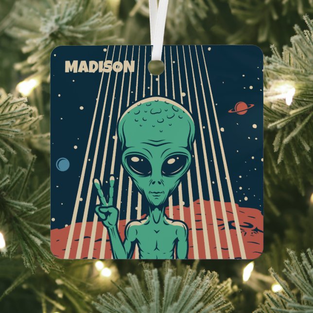Custom Name UFO Alien Metal Tree Decoration (Insitu)