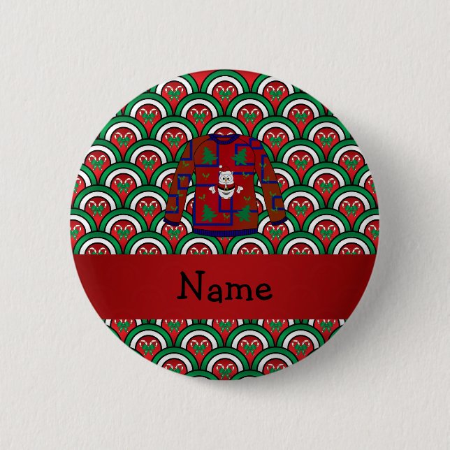Custom name ugly christmas sweater candy canes 6 cm round badge (Front)