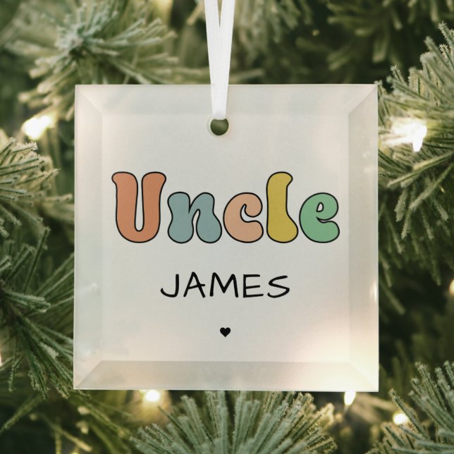 Custom Name Uncle Retro Gift | Uncle Personalised Glass Tree Decoration (Insitu)