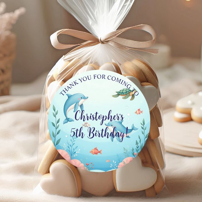 Custom Name Under the Sea Birthday Party Classic Round Sticker (Creator Uploaded)