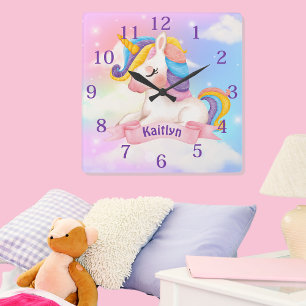 Custom Name Unicorn Clouds Sparkle Square Wall Clock