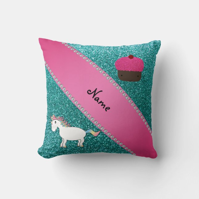 Custom name unicorn cupcake turquoise glitter cushion (Front)