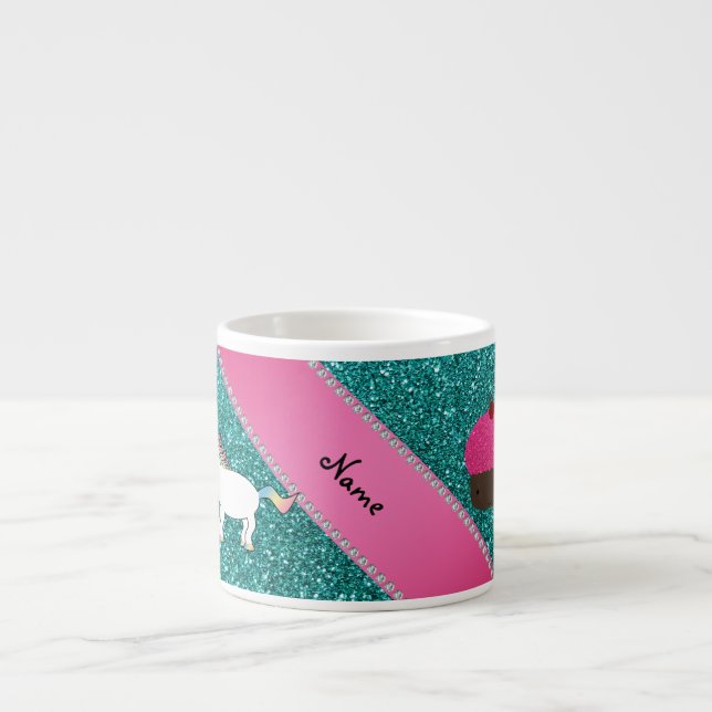 Custom name unicorn cupcake turquoise glitter espresso cup (Front)