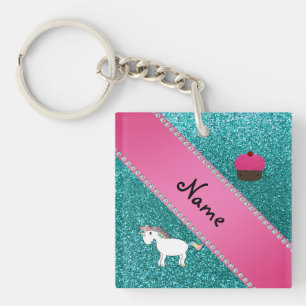Custom name unicorn cupcake turquoise glitter key ring
