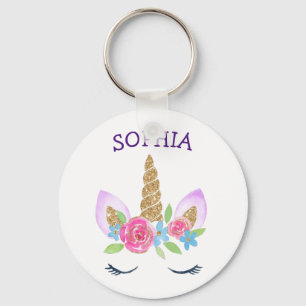 Custom Name Unicorn Gold Glitter Kids Cute Pink Key Ring