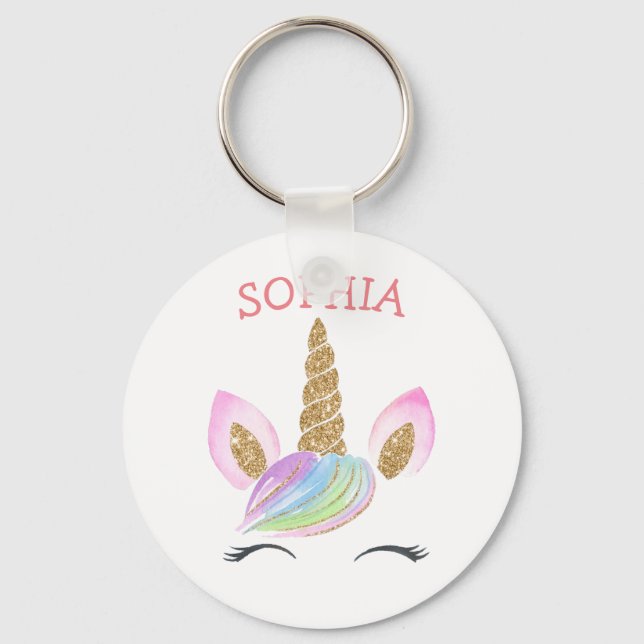 Custom Name Unicorn Gold Glitter Kids Cute Rainbow Key Ring (Front)