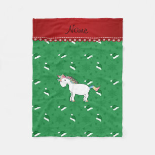 Custom name unicorn green santa hats snowflakes fleece blanket