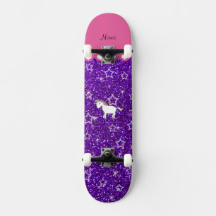 Custom name unicorn indigo purple glitter stars skateboard