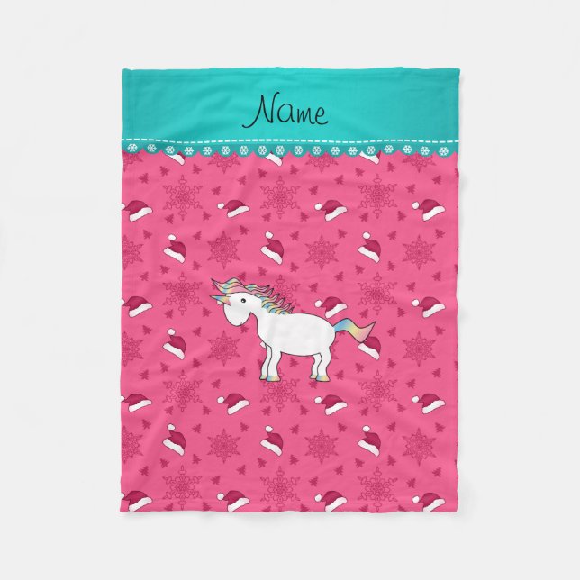 Custom name unicorn pink santa hats snowflakes fleece blanket (Front)