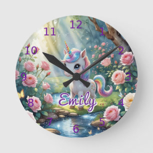 Custom Name Unicorn Wall Clock – Pink Rose Forest