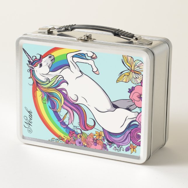 Custom Name Unique Unicorn Floral Pattern Design Metal Lunch Box (Front)