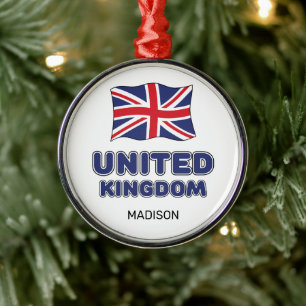 Custom Name United Kingdom Flag Metal Tree Decoration