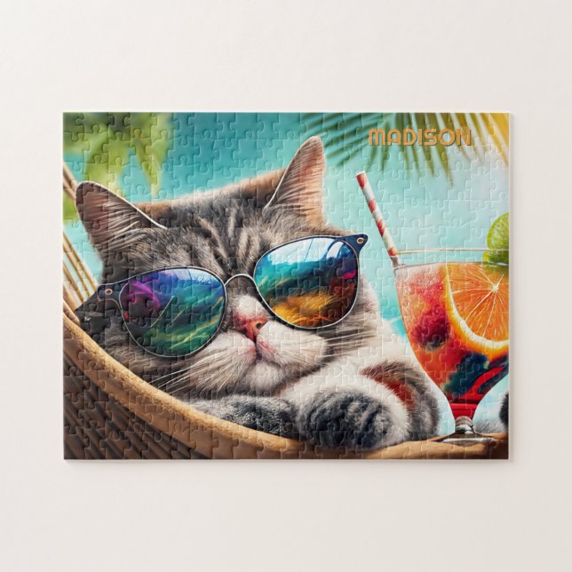 Custom Name Vacation Cat Jigsaw Puzzle (Horizontal)