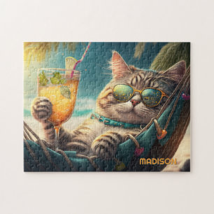 Custom Name Vacation Cat Jigsaw Puzzle