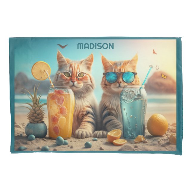 Custom Name Vacation Cats Pillowcase (Front)