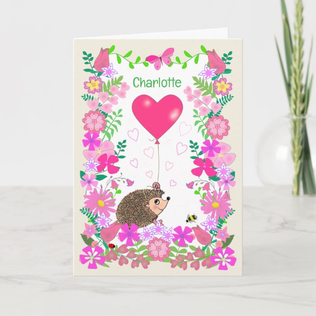 Custom Name Valentine with a Cute Hedgehog Card (Front)