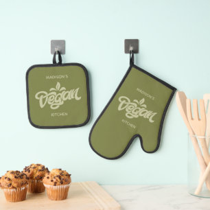 Custom Name Vegan Oven Mitt & Pot Holder Set