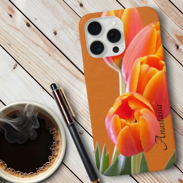 Custom Name Vibrant Orange Tulip Flowers Photo iPhone Case (back of a iPhone template case)