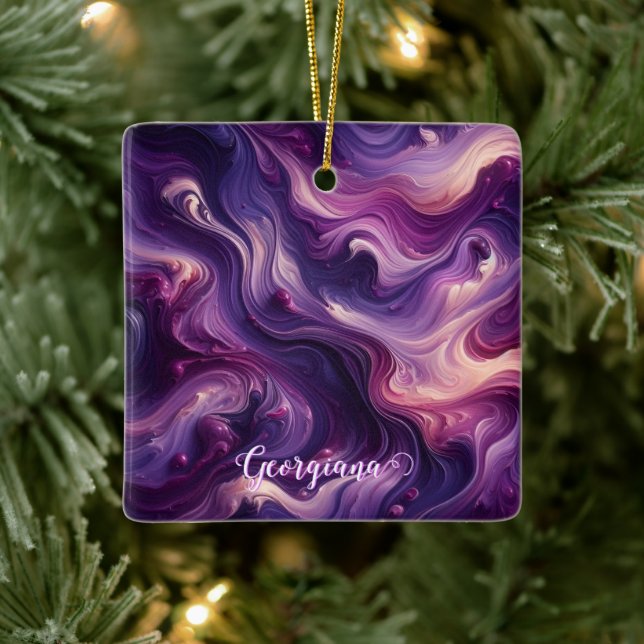 Custom Name Vibrant Purple Poured Paint Effect Ceramic Ornament (Tree)