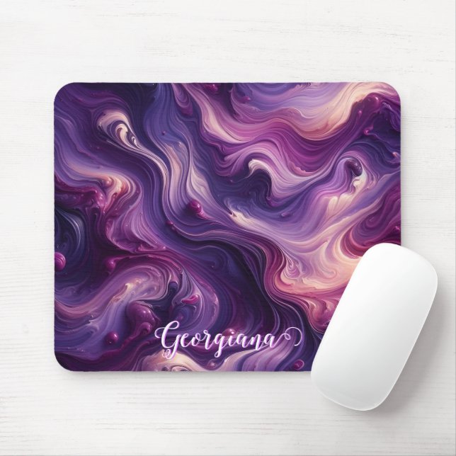 Custom Name Vibrant Purple Poured Paint Effect Mouse Mat (With Mouse)