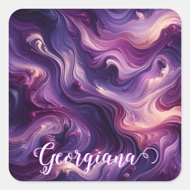 Custom Name Vibrant Purple Poured Paint Effect Square Sticker (Front)