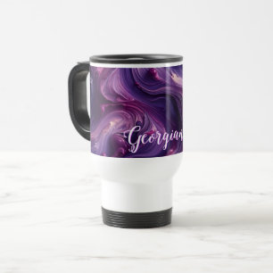 Custom Name Vibrant Purple Poured Paint Effect Travel Mug