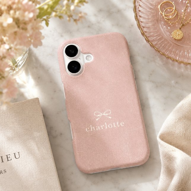 Custom Name Vintage Blush Pink Heirloom Bow (Personalized blush pink phone case with ivory bow, custom name and subtle vintage distressed texture)