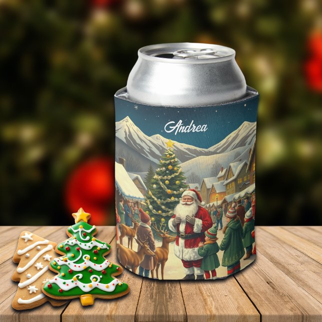 Custom Name Vintage Christmas Illustration Can Cooler (Creator Uploaded)