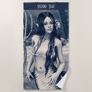 Custom Name Vintage Mermaid Old Photo Fantasy Art Beach Towel