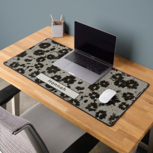 Custom Name Vintage Modern Floral Grey Black Desk Mat