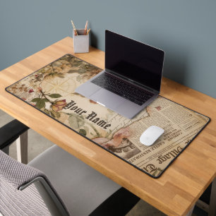 Custom Name Vintage Newspaper Floral Aesthetic Desk Mat