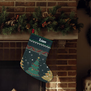 Custom Name - Vintage Nostalgic Knit Style Large Christmas Stocking