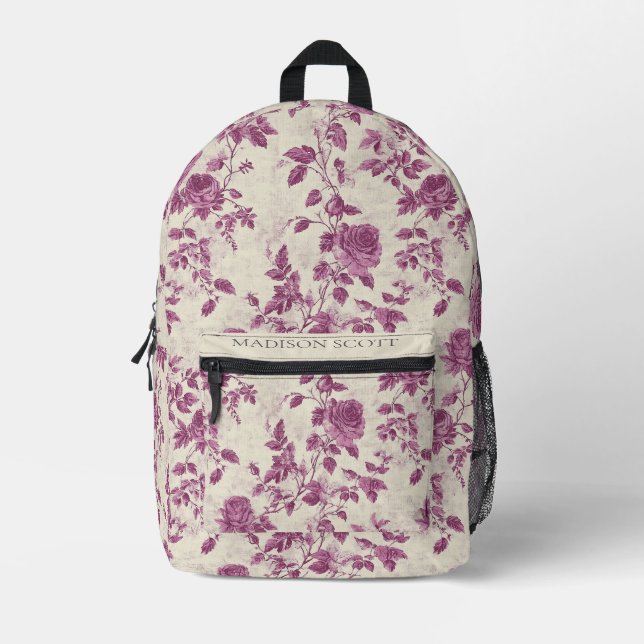 Custom Name Vintage Purple Rose Printed Backpack (Front)