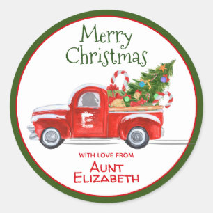 Custom Name Vintage Red Truck Christmas Holiday Cl Classic Round Sticker