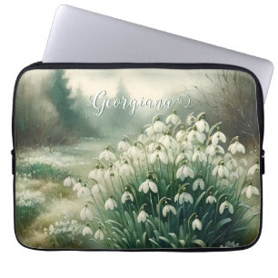 Custom Name Vintage Watercolor Floral Snowdrops Laptop Sleeve