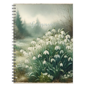Custom Name Vintage Watercolor Floral Snowdrops Notebook
