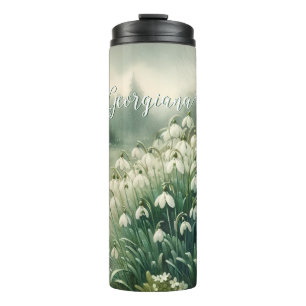 Custom Name Vintage Watercolor Floral Snowdrops Thermal Tumbler