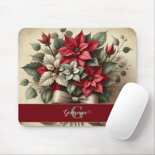 Custom Name Vintage Watercolor Poinsettia Bouquet Mouse Mat