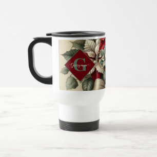 Custom Name Vintage Watercolor Poinsettia Bouquet Travel Mug