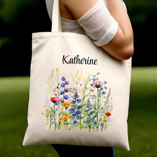 Custom Name Vintage Wildflower Floral Gift For Her Tote Bag