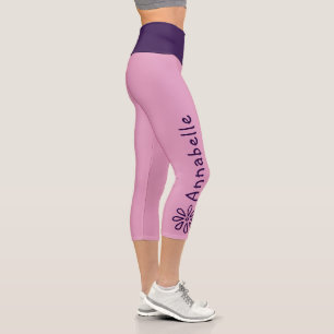 Custom Name - Violet Flower Doodle - Solid Pink Capri Leggings