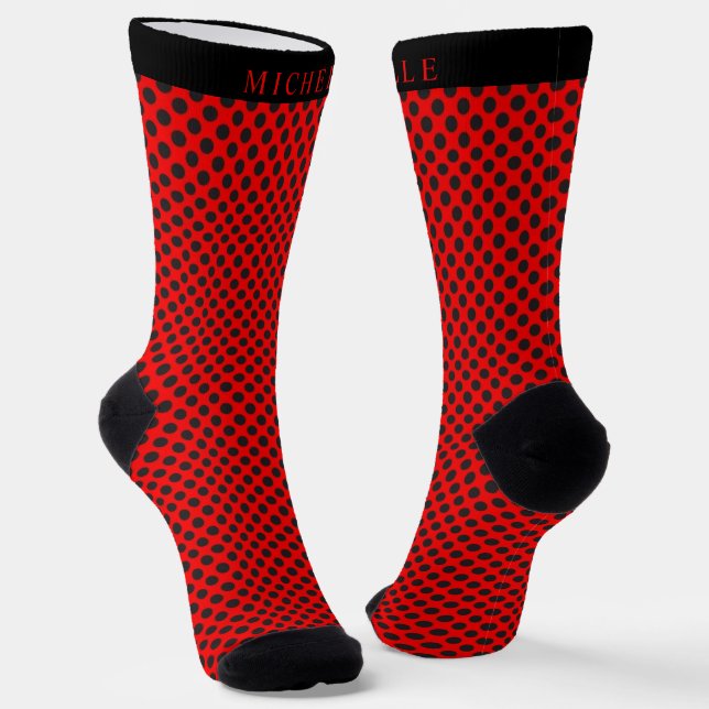 Custom Name Vivid Cherry Red Black Polka Dot Socks (Angled)