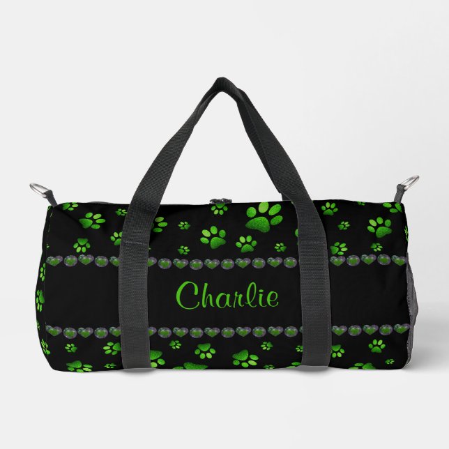 Custom name, vivid green glitter dog paws  duffle bag (Front)