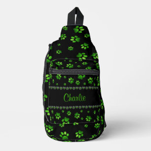 Custom name, vivid green glitter dog paws sling bag